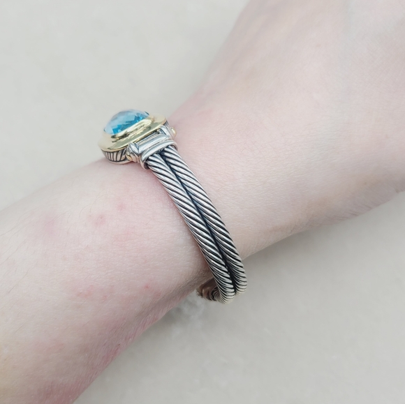 David Yurman Albion Elongated Double Cable Bracelet With Blue Topaz And Gold - Picture 7 of 13